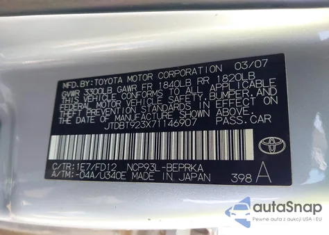 2007 Toyota Yaris from USA, damaged, VIN JTDBT923X71146907